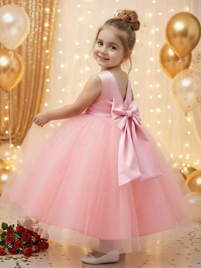 Vestido elegante y lindo para niña bebé con decoración de lazo de tul rosa