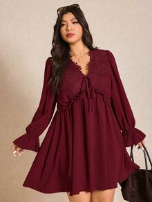 Elaquor Plus Size Elegant Commuter Solid Color Lace Patchwork Dress - Burgundy - View 7