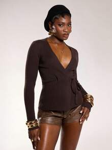 Normani 2025 Women's Dark Brown Autumn Elegant Night Out Knit Ribbed Tie-Front Cardigan,Casual Daily Apparel,Winter Wedding Guest Church Attire,Teacher Looks - Brown - View 5