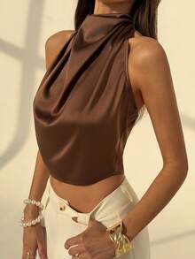 Aloruh 简约通勤棕色缎面深V领露背系带女式背心 - 棕色 - 查看 5