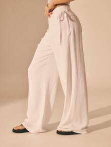 Aralina 女士低腰宽腰系带阔腿亚麻裤，适合度假、沙滩、日常休闲穿着。 - 白色 - 查看 4