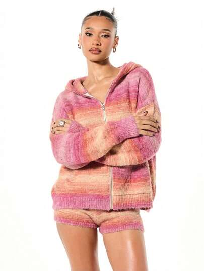 SUMWON WOMEN Chaqueta con capucha de punto ombré a rayas con cremallera, de corte holgado y esponjoso, un acogedor suéter de invierno para el otoño