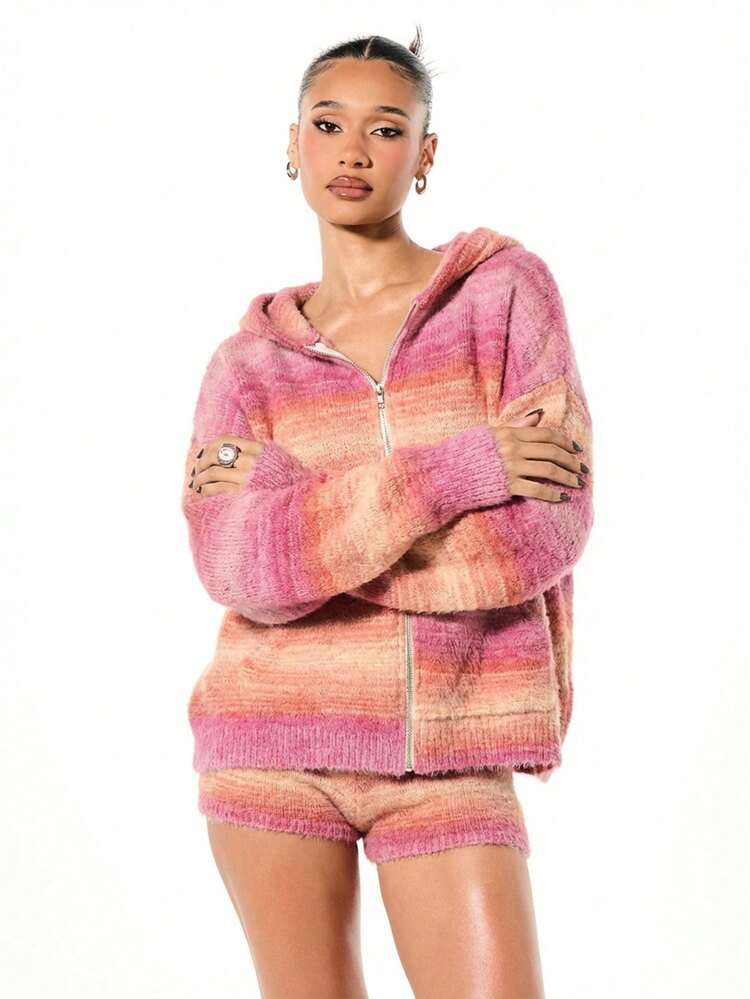 SUMWON Boxy Fit Oversized Fluffy Knit Ombre Striped Zip Through Hoodie Cardigan With Hood Cozy Winter Sweater For Fall