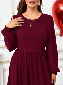 EMERY ROSE Plus Size Women's Solid Round Neck Long Sleeve Casual Textured Fleece Dress, Fall Valentine's Day - Burgundy - View 4