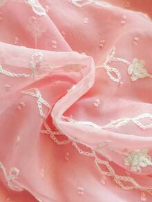 SHEIN Vintaside Kids 女童优雅公主风荷叶边领泡泡袖提花刺绣双层荷叶边下摆宽松公主裙，适合度假、旅行、派对、送礼、春秋季穿着。 - 粉色 - 查看 9