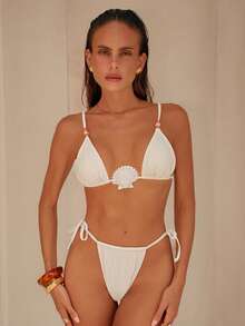 Swim Chiccia Conjunto de traje de baño de dos piezas para mujer, elegante y romántico de unicolor con estilo de concha y perla, conjunto de ropa de vacaciones para mujer, conjunto de traje de baño de playa para mujer