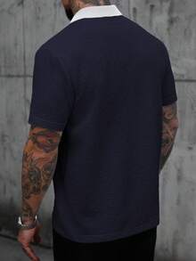 Manfinity CasualCool 男士撞色领短袖通勤休闲Polo衫，V领针织衫，男士纹理Polo衫 - 藏蓝色 - 查看 2