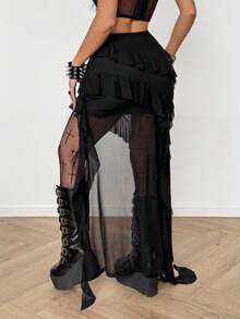 Coolane Women's Summer Tropical Vacation  Beach Outfits  Goth Y2K Concert Streetwear Vacations Boho Y2K Country Concert Gyaru Lace Asymmetrical Ruffle Fringe Black Low Rise Long Skirt - Black - View 2