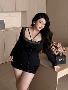 Vibekara Áo thun tay dài cổ ren mùa đông cỡ lớn cho nữ - màu đen - Xem 3