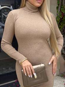 Cioccolato Rochie pulover elegantă, cu gât înalt, cu mânecă lungă, subțire, toamnă și iarnă - Cămilă - Vizualizare 6