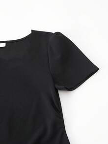 SHEIN Tween Girls' Elegant Commute & Party Wavy Collar Waist Cinched Short Sleeve Mini Knit Dress - Black - View 4