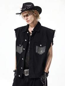 ROMWE MEN Street Life Spring/Summer Casual Graphic Men'S Fashion Commuter Rhinestone Denim Vest - Black - View 1