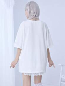 ROMWE Anime 动漫卡通病娇女孩粉色宽松圆领短袖T恤 - 黑色 - 查看 3