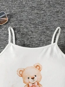 SHEIN Girls Raccoon Print Casual Knit Camisole & Shorts Set - White - View 5