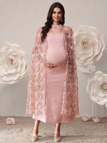 SHEIN 两件套孕妇装：纯色抹胸连衣裙和亮片外套 - 粉色 - 查看 3