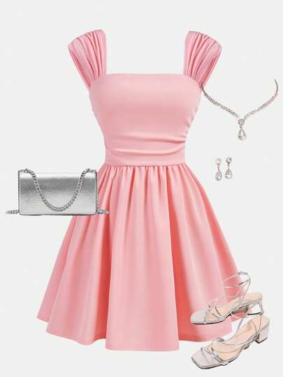 SHEIN Girlism Teen Girls' Elegant Solid Color Ruched Shoulder & Bust A-Line Dress Pink Dress Dress Mini Dress Cute Dress Pink Dress Summer