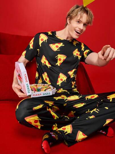Notgurli Men's Pizza Print Short Sleeve Top And Pants Pajama Set, Youthful Street Style, Gift For Boyfriend, Casual Sporty Street Everyday Commute Back To School Holiday Outfit, First Choice Gift For Boyfriend And Husband, Couple Matching
