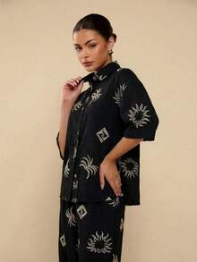 COSMINA 女士黑色刺绣亚麻短袖衬衫，休闲刺绣衬衫，黑色短袖衬衫，黑色衬衫，度假衬衫 - 黑色 - 查看 6