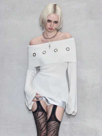 ROMWE Avant Y2K Punk zerrissenes Design taillierter Weite Ärmel Pullover mit Metallösen Akzent Off-Shoulder Pullover