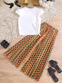 SHEIN 2pcs Tween Girls Cartoon Print T-Shirt & Pants Set - Red - View 2