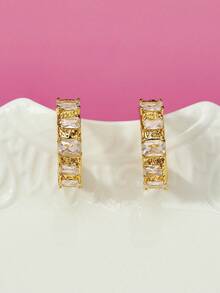 Glisma 18 K Gold Plated Decorated Zirconia Fashionable Minimalist Chic Hoop Earrings,Old Money,Outfits,Classy,Metallic/Texture,Elegant,Fall/Autumn/Winter,Premium,For Mom/Women/Girl/Mother,Vintage,Gold,Gemstone,Valentine's Day,Gift - Yellow Gold - View 3