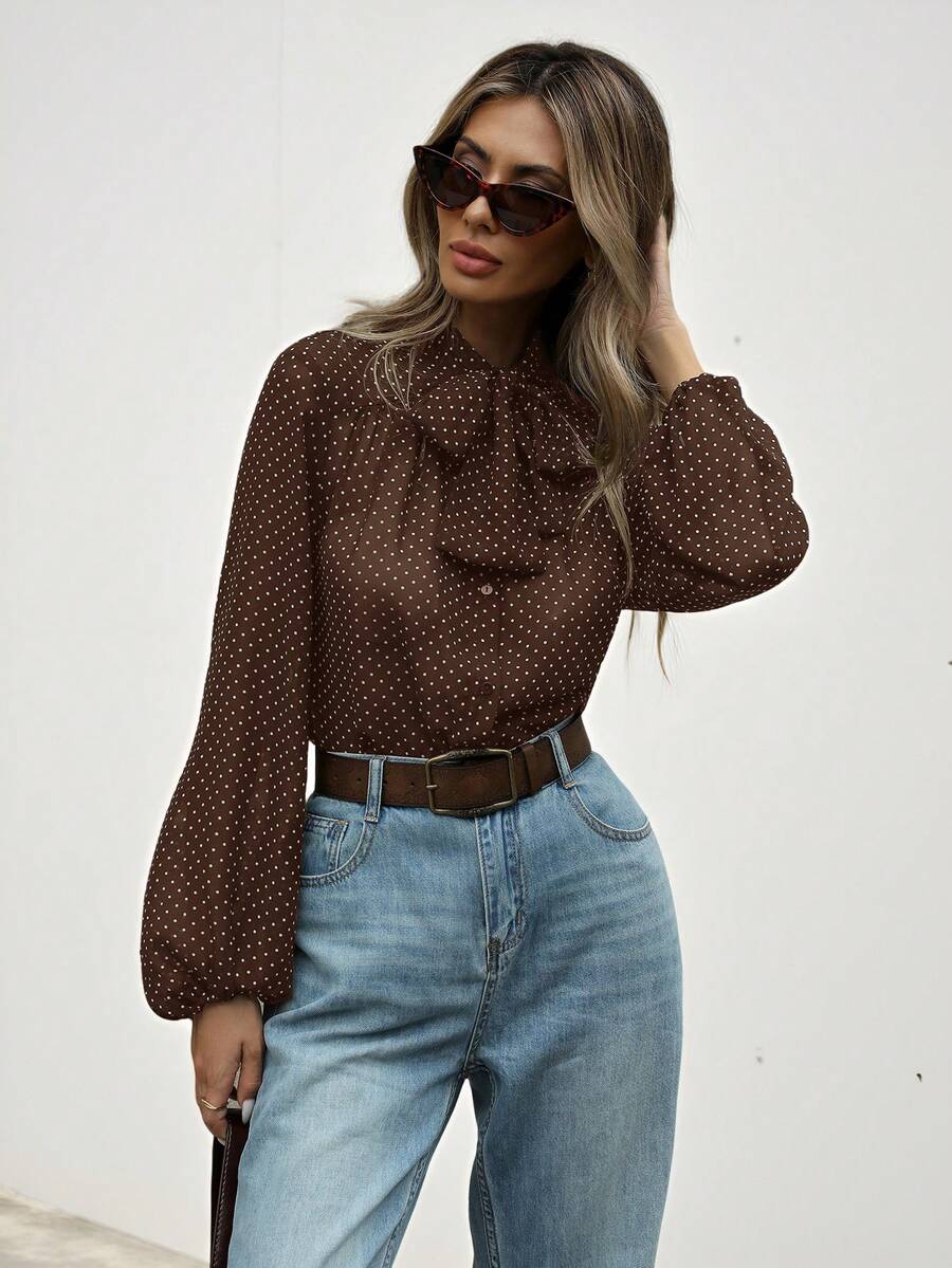 Aveloria Modichic Classic Retro Polka Dot Tie Front Semi-Sheer Blouse, French Style Elegant Business Casual Women  - Coffee Brown - View 1