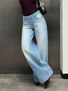 EURMUSE 女士阔腿低腰牛仔裤 - 中等水洗藍 - 查看 7