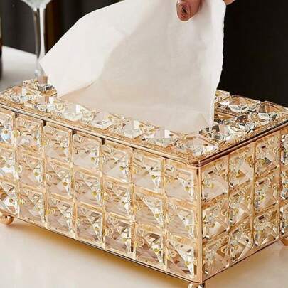 1pc Modern Metal And Crystal Tissue Box - Elegant Tissue Storage Box Metal High-End Luxury Tissue Napkin Holder, Tissue Storage Box For Bathroom Living Room Bedroom, Suitable For Home Centerpieces, Living Room Dining Table Desktop Tissue Box, Thanksgiving, Valentine's Day Home Decoration Perfect Gift