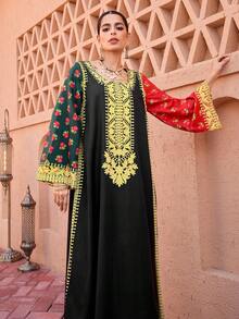 Al Najma 休闲印花传统优雅长袖宽松常规女式束腰连衣裙，适合春秋季穿着 - 彩色 - 查看 6