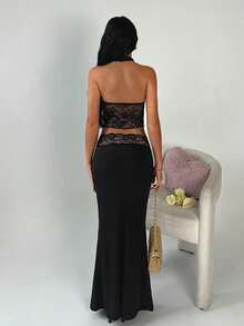 TRNVIE Black Lace V-Neck Backless Spaghetti Strap Camisole & Low Waist Lace Mini Skirt 2-Piece Set, Suitable For Party, Christmas, Valentine's Day, New Year - Black - View 3