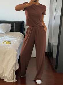 Livesso 2pcs Set Minimalist Solid Color Ruffle Trim Fitted Top And Pants Loungewear Set - Brown - View 5