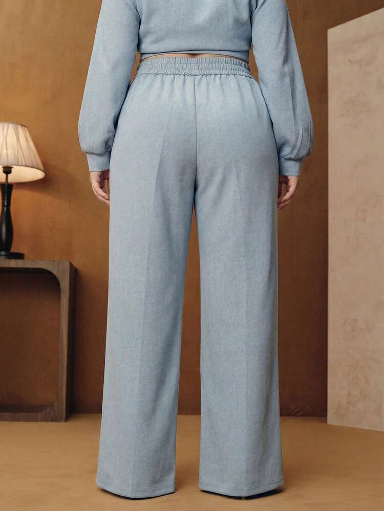 Plus Size Women Vintage Washed Light Blue Embellished Casual Sweatpants