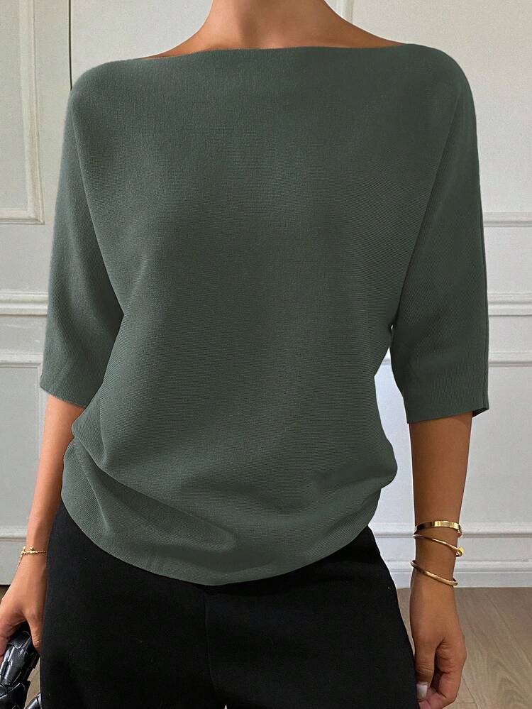 Women's Solid Color Fitted Boat Neck Half Sleeve Casual Elegant Knit Top, Autumn/Winter
