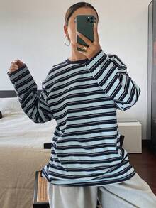 DAZY Women's Casual Striped Loose Long Sleeve Round Neck T-Shirt, Autumn Y2k - Royal Blue - View 7