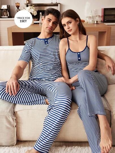 SHEIN Striped Print Casual Pajama Set For Men