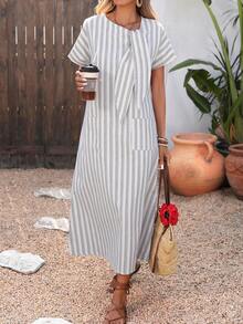 SHEIN Holidaya Breezaya Women's Casual Vacation Loose Cotton Striped Dress - Multicolor - View 7