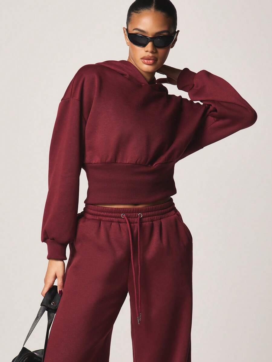 MISSGUIDED Burgundy Cropped Hoodie With Cinched Waist Ribbed Hem Long Sleeve Pullover Sweatshirt - Burgundy - View 1