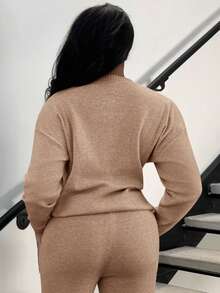 Alexandranx Set de 2 piezas de suéter y pantalones de punto de unicolor casual, para otoño/invierno - Camel - Ver 2