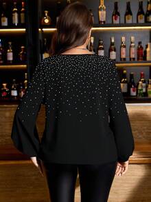 SHEIN LUNE Plus Size Women's Elegant Black Rhinestone Print Lantern Sleeve Blouse,Formal Autumn Office Attire,Evening Night Out Club,Party Music Festival Top - Multicolor - View 2