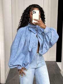 BamGleam Women's Casual Denim Blouse - Blue - View 4