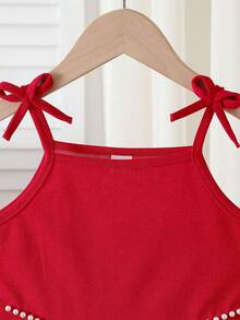 Young Girls Red Sweet Spaghetti Strap Dress With Bow Shoulder Strap, Pearl Decor A-Line Cute Elegant Princess Style, Summer Girls Formal Dress Kids Red Dress Toddler Girls Special Occasion Dress Red Party Dress Toddler Girl Dress Birthday Girl Young Girls Dresses Red Dress For Girls Pearl Waist Dress Kids Party Dress Cocktail Dress For Kids - Red - View 3