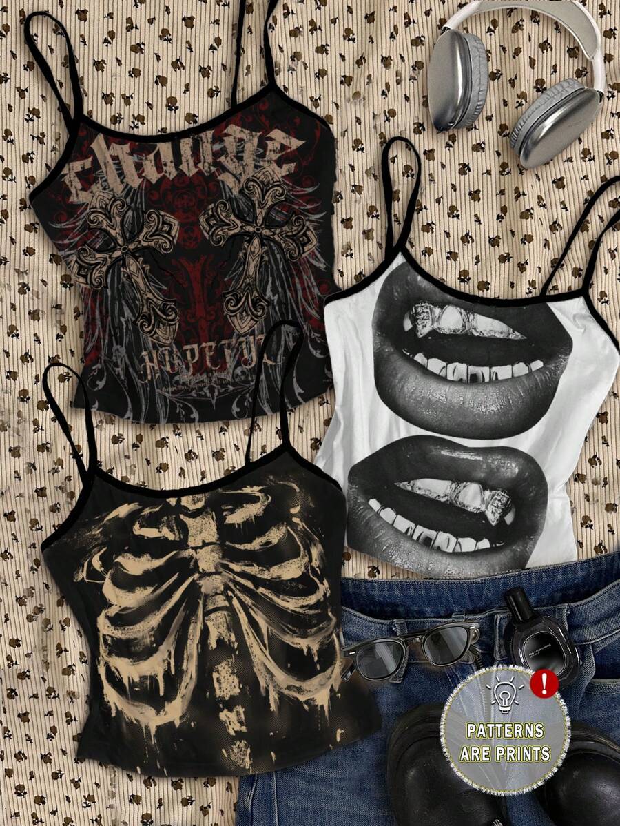 Attitoon 3pcs Casual Street Style Vintage Gothic Cross Skull Lip Print Pattern Women's Tank Tops, Versatile For Summer Spring Beach Outfit - Multicolor - View 1