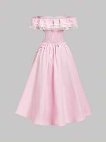 SHEIN MOD 女士露肩蕾丝拼接粉色浪漫连衣裙 - 粉色 - 查看 4