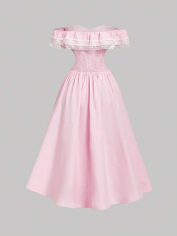 SHEIN MOD Vestido romántico de mujer con hombros descubiertos, encaje y empalme en color rosa - Rosa - Añade 4