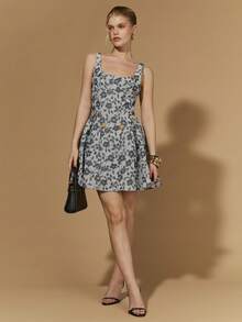 COSMINA Women's Elegant Ditsy Floral Sleeveless Mini Dress, Suitable For Commuting, Elegant Floral Pattern Dress, Valentine's Day Dress, Couple's Date Dress, Wedding Season Dress, Wedding Guest Dress, Cocktail Dress, Tea Party Dress, Party Dress - Black and White - View 4