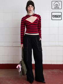 COUREZ Low Rise Cargo Joggers With Contrast Stitching /Y2K Summer Bottoms Cotton Vintage - Black - View 1