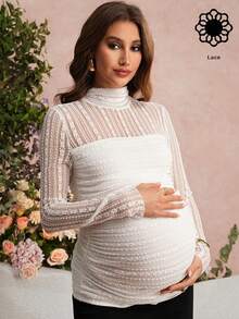 SHEIN Camiseta elegante de maternidad con cuello alto, encaje y volantes ajustada - Blanco - Ver 3