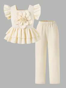Tween Girls Solid Color Square Neck Cap Sleeve Ruffle Trim Blouse And Straight Leg Pants 2 Pieces Set - Apricot - View 8