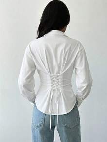 Firerie Women's Blue And White Striped Long Sleeve Shirt, Tie-Waist Shirt, Casual Commuter Shirt, Vacation Shirt, Cinched Waist Striped Shirt, Suitable For Spring, Summer, Autumn And Winter, Elegant, Vacation, Bohemian, Work Attire White Blouses Elegant Women White Shirt White Long Sleeve Blouse - White - View 2