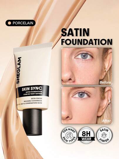 SHEGLAM Skin Sync Satin Foundation-Porcelain Brand Beauty Makeup Face Paint Cosmetic For Women Girls Perfect For Winter Spring Ideal For Y2K Fancy Fashion Suitable For Birthday Gift Party Ready Best Color